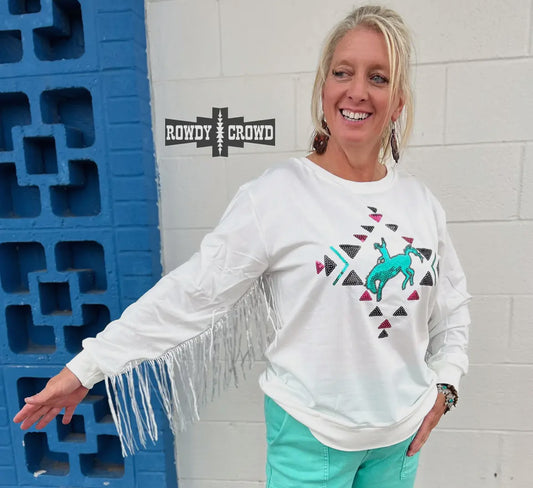 White/Sequin Western Sweatshirt with Fringe