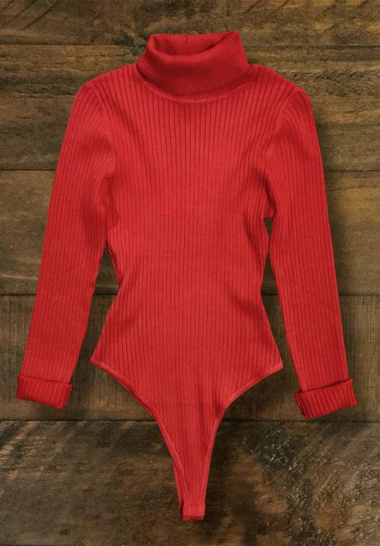 Red Ribbed Turtleneck Bodysuit
