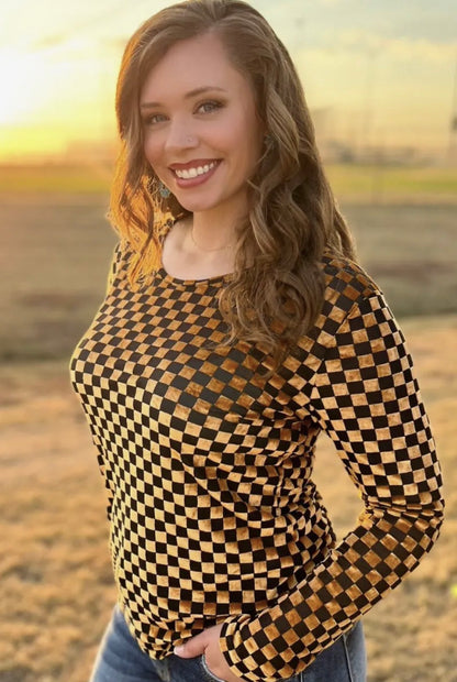 Checkered Gold & Black Velvet Mesh Top