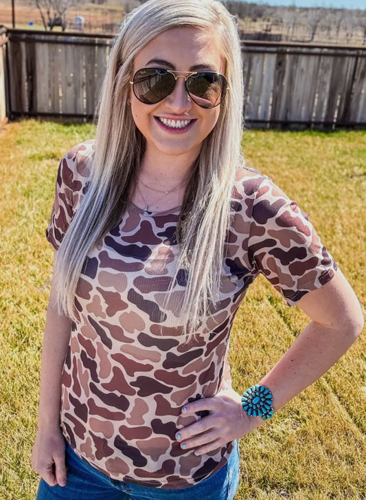 Short Sleeve Camo Mesh Top