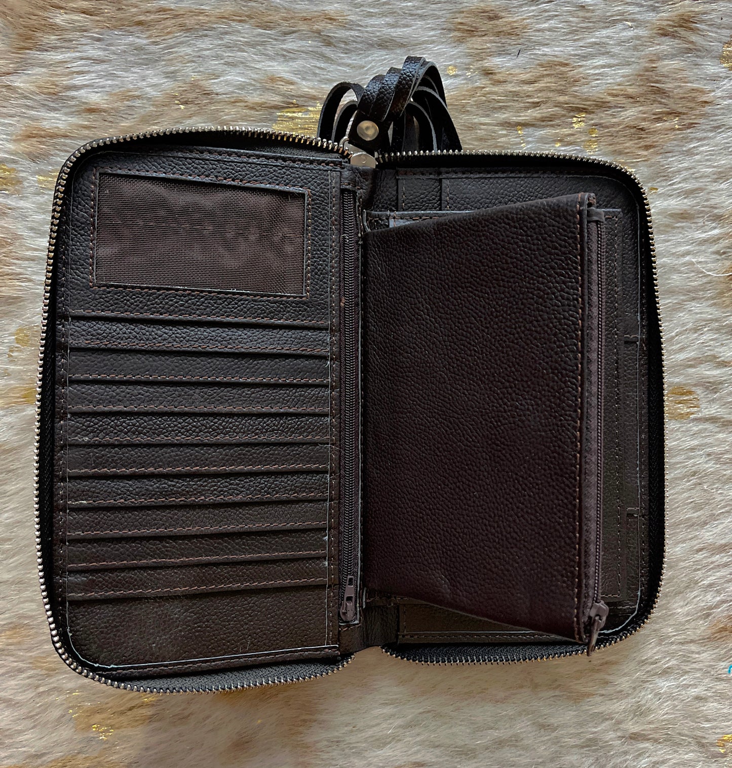 Dark Brown Cowhide and Leather Zippered Wallet