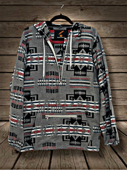 Zipper Pocket Gray Aztec Hoodie