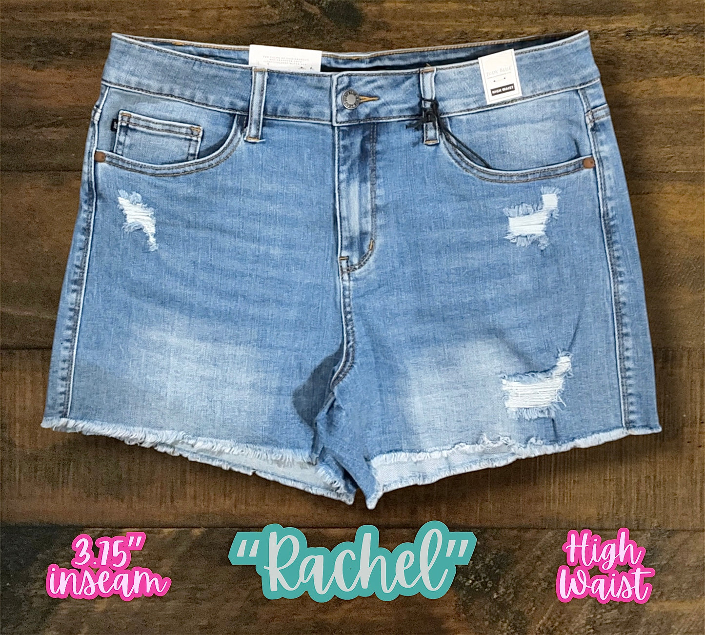 “Rachel” - High Waisted Distressed Shorts in Medium Blue