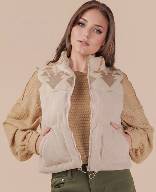 Beige and Aztec Print Puffer Vest