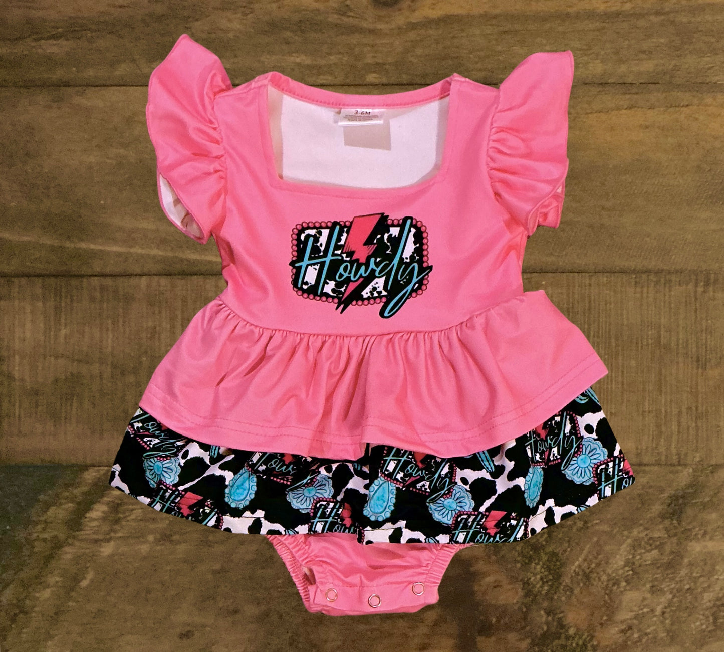 Pink Howdy Western Print Ruffle Onesie