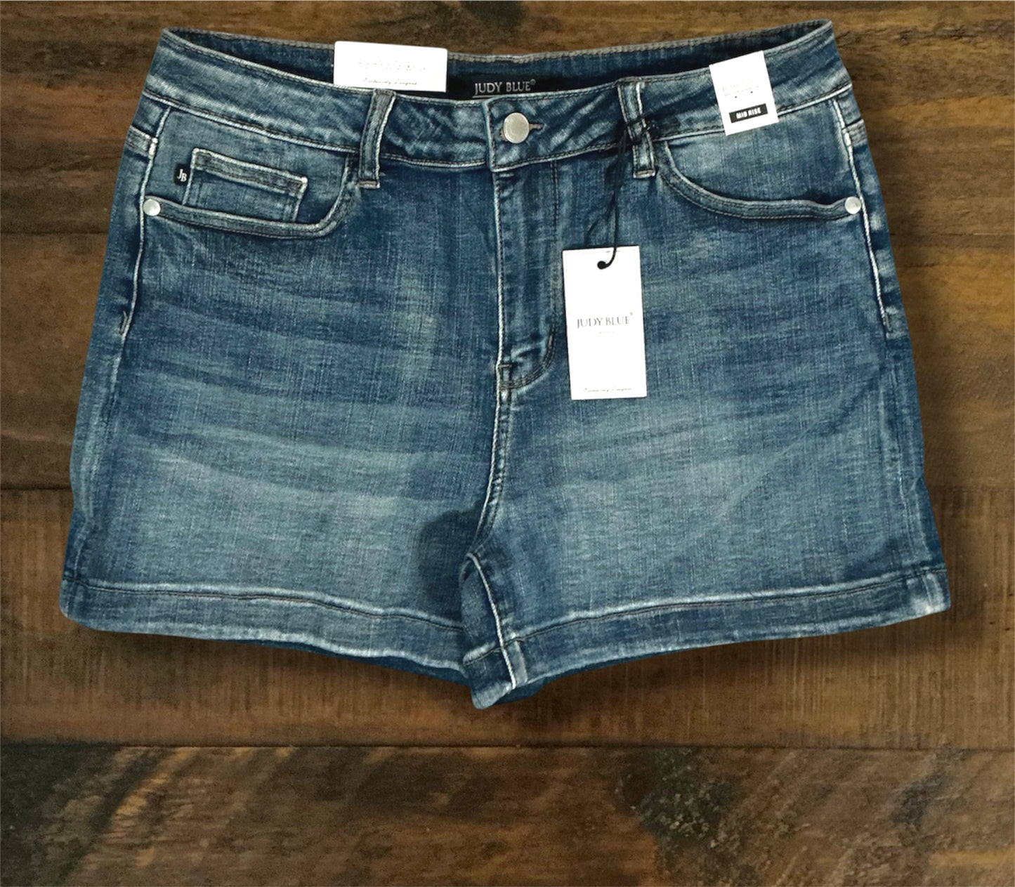 “Kylie” - Darker Wash Hem Cuffed Shorts