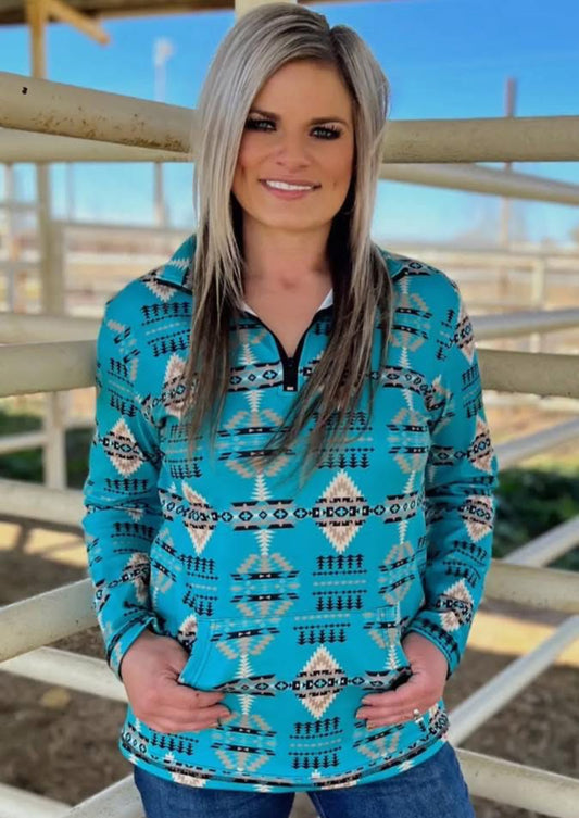 Turquoise Western Print Pullover