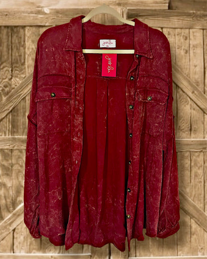 Acid Washed Wine Colored Button Up Top