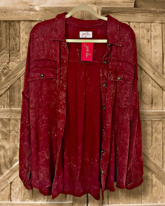Acid Washed Wine Colored Button Up Top