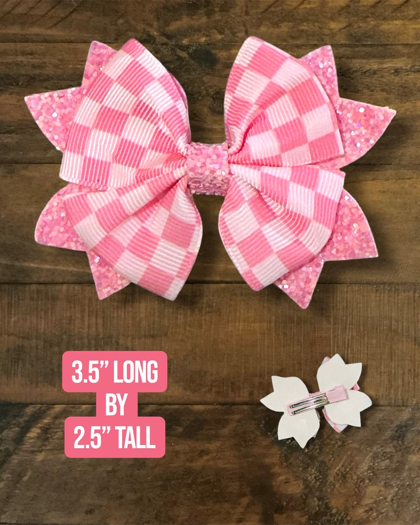 Pink Checkered Clip Bow - 3.5” x 2.5”