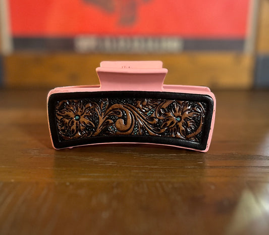 4” Myra Brand Hair Clips/Claws - Tooled Leather/Cowhide