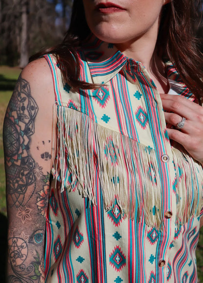 Teal/Pink Aztec Fringed Button Up