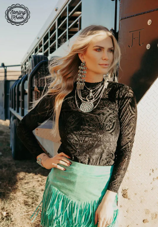 Black Tooled Velvet Mesh Top