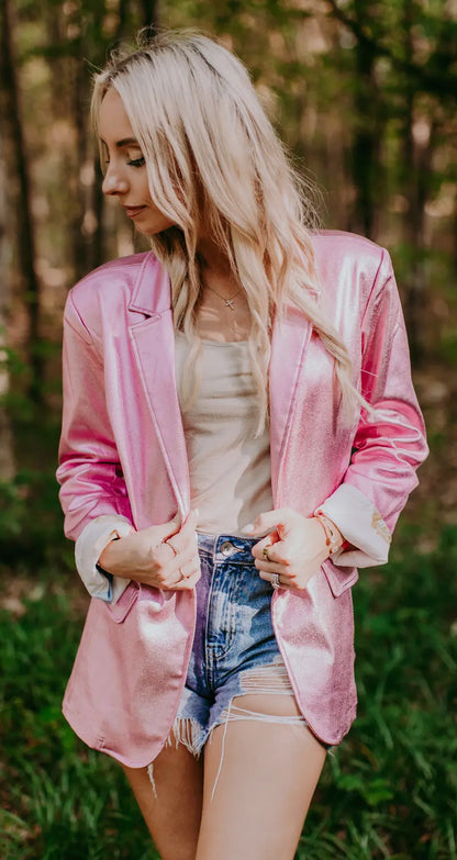 Metallic Faux Leather Pink Blazer