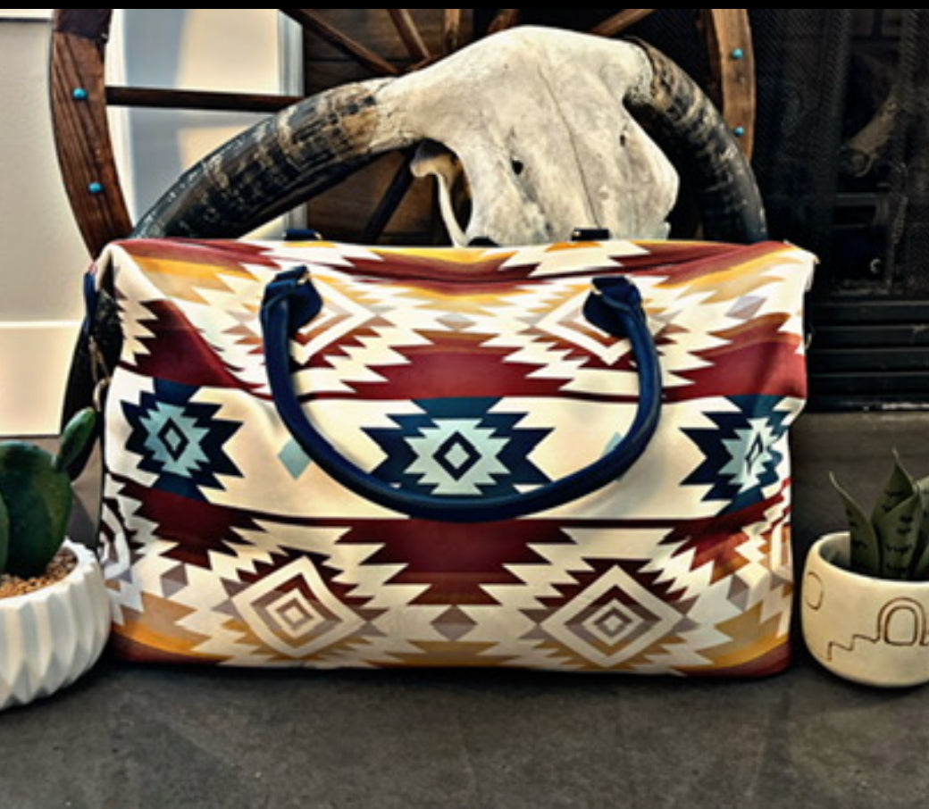 Cream/Burgundy Aztec Print Oversized Duffle/Weekend Bag