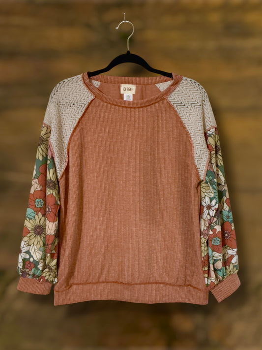 Rust and Floral Sleeve Long Sleeve Top