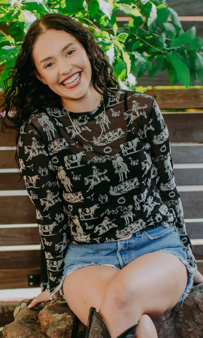 Black/Gray Velvet/Mesh Cowboy Scene Top