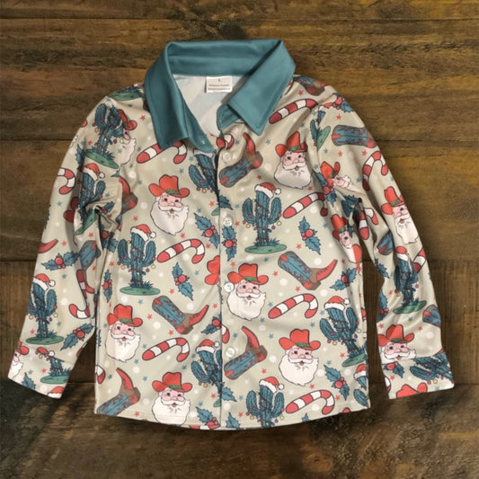 Western Christmas Kids Button Up