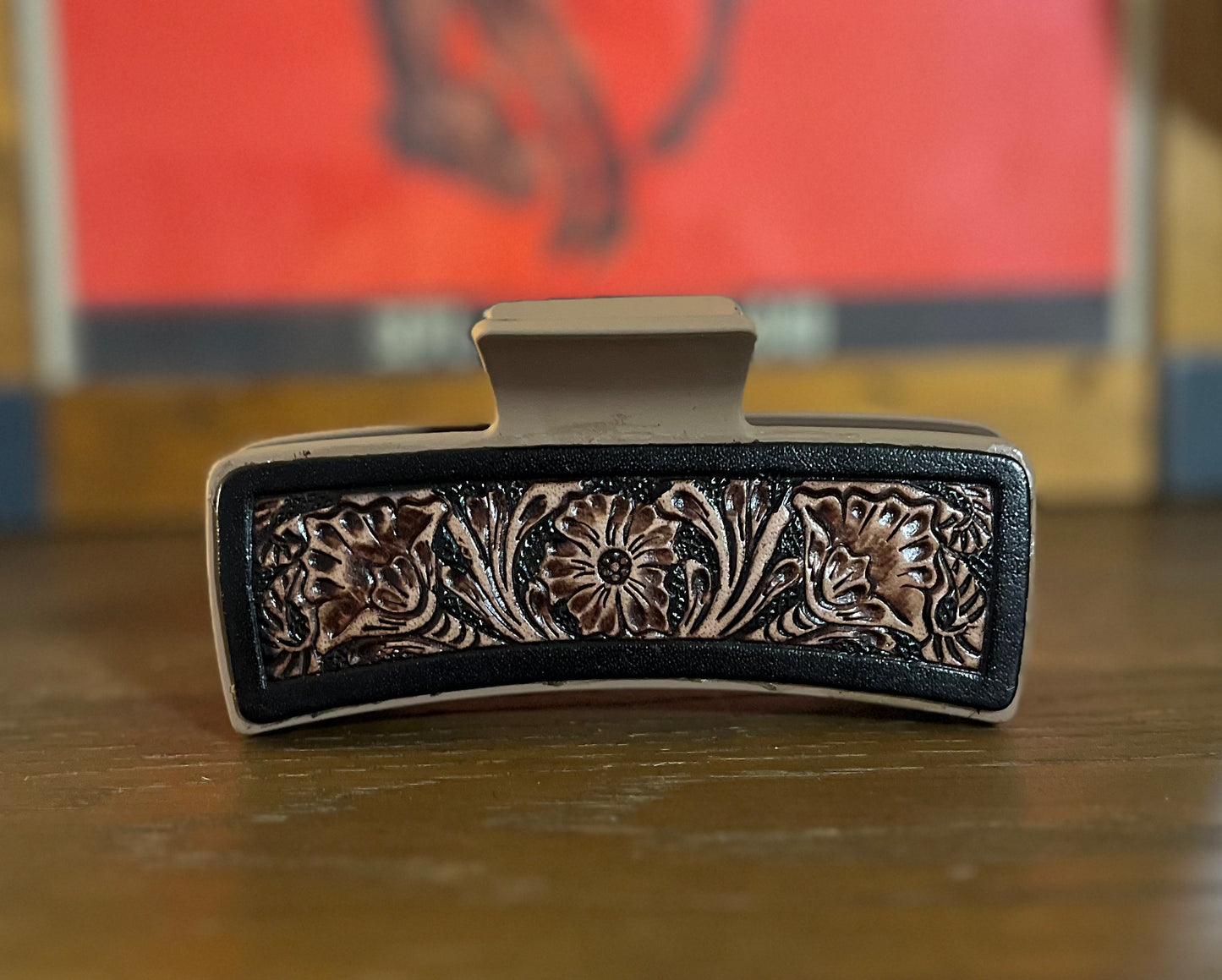 5” Myra Brand Hair Clips/Claws - Tooled Leather/Cowhide