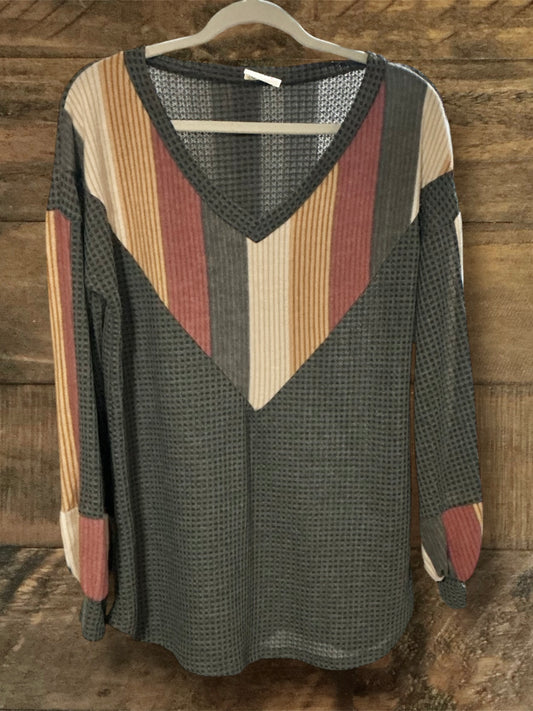 Gray Waffle Top with Stripes