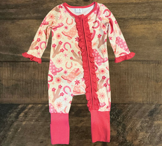 Pink and White Ruffle Butt Romper with Western Print