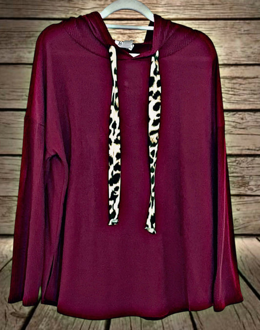 Burgundy w Leopard Detail Hoodie