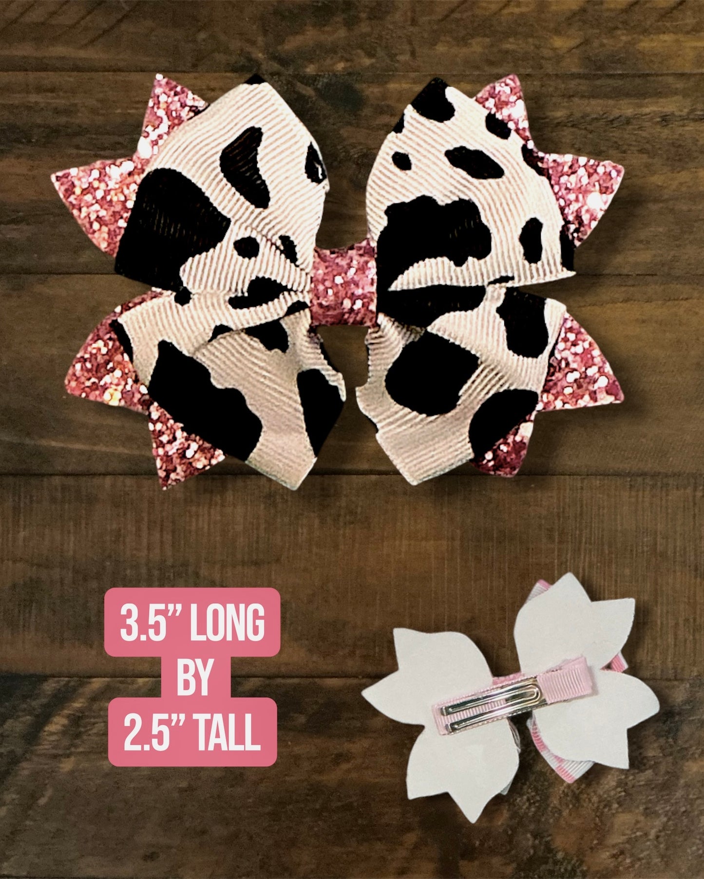 Cow/Pink Clip Bow - 3.5” x 2.5”