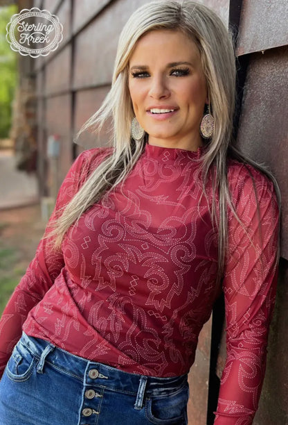 Maroon Boot Stitch Mesh Top
