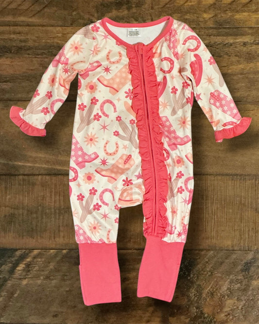 Pink and White Ruffle Butt Romper with Western Print