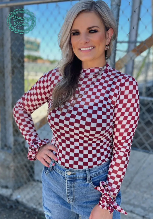 Maroon Checkered Mesh Top