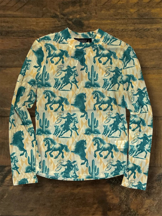 Teal and Beige Mesh Top - Horses and Aztec