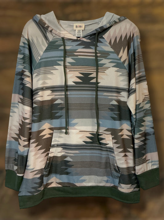 Blue Aztec Hoodie with Green Trim