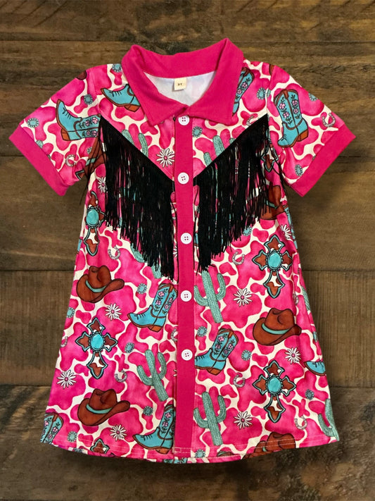 Pink Western Print w Fringe Dress