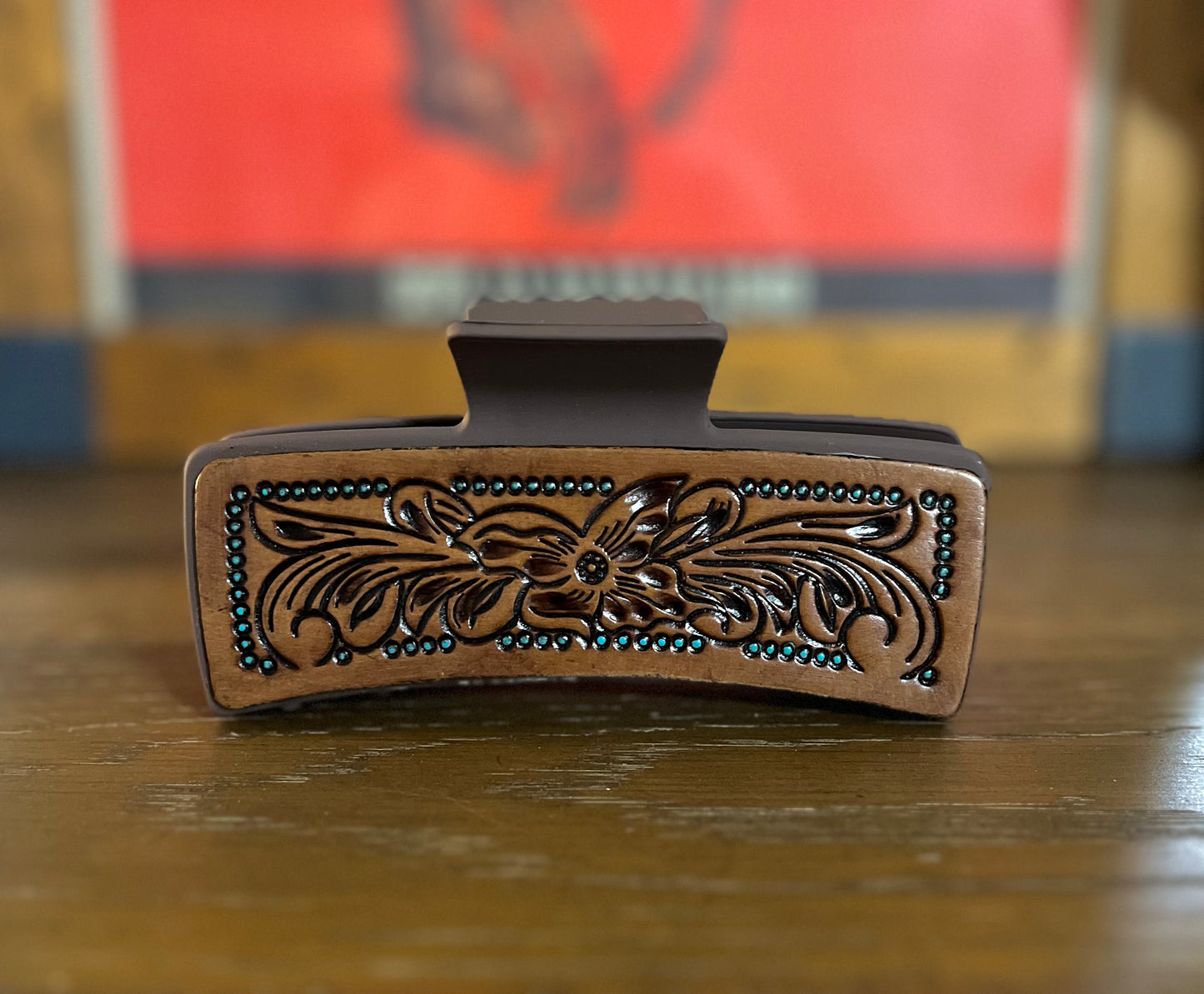 5” Myra Brand Hair Clips/Claws - Tooled Leather/Cowhide