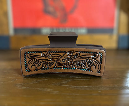 5” Myra Brand Hair Clips/Claws - Tooled Leather/Cowhide