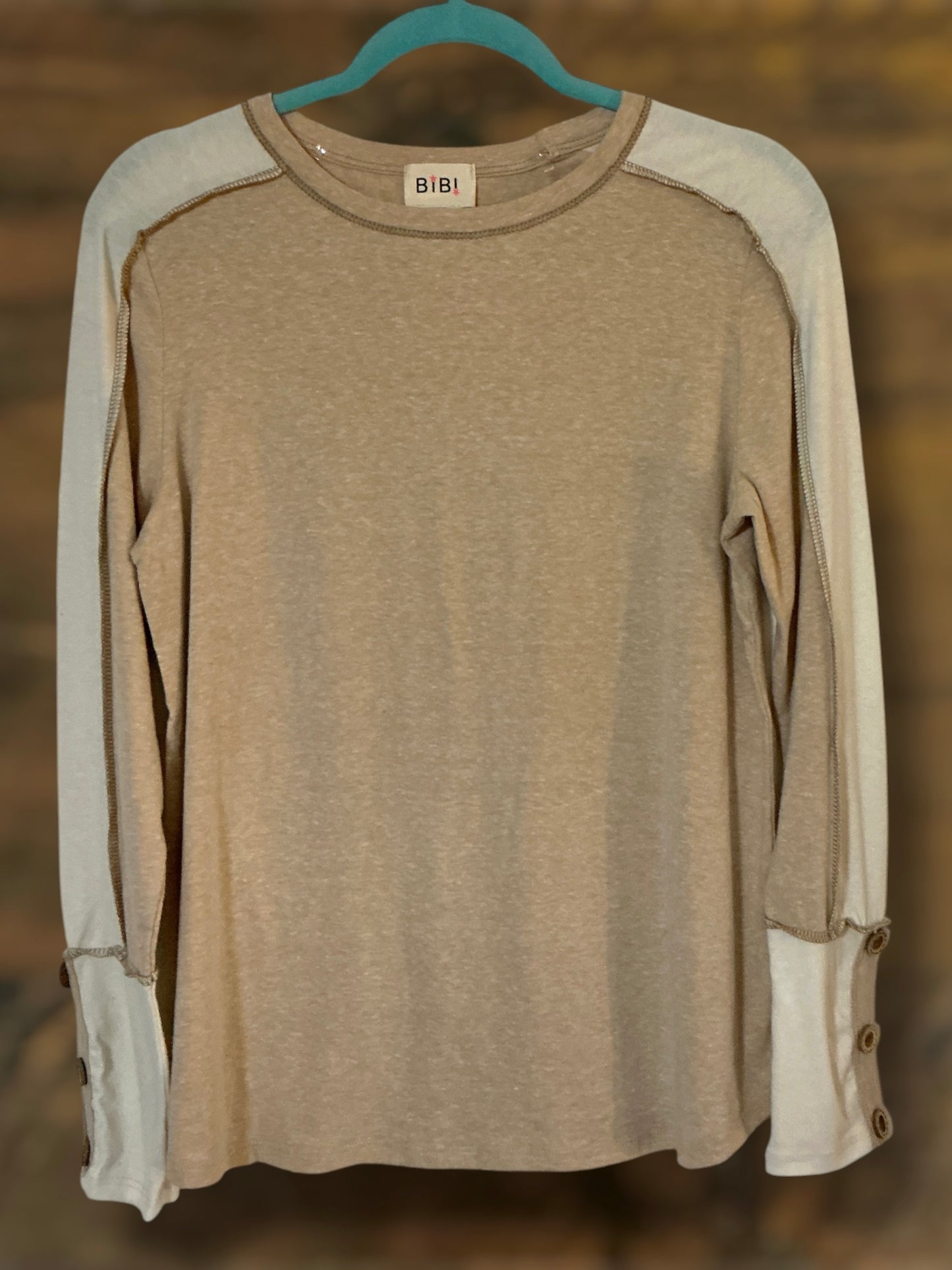 Khaki and Cream Long Sleeve Top
