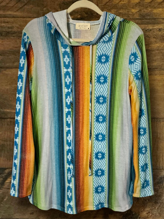 Light Blue and Serape Printed Hoodie