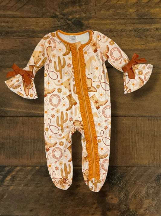 Girl’s Zip Up Romper - Brown/Pink Western Print