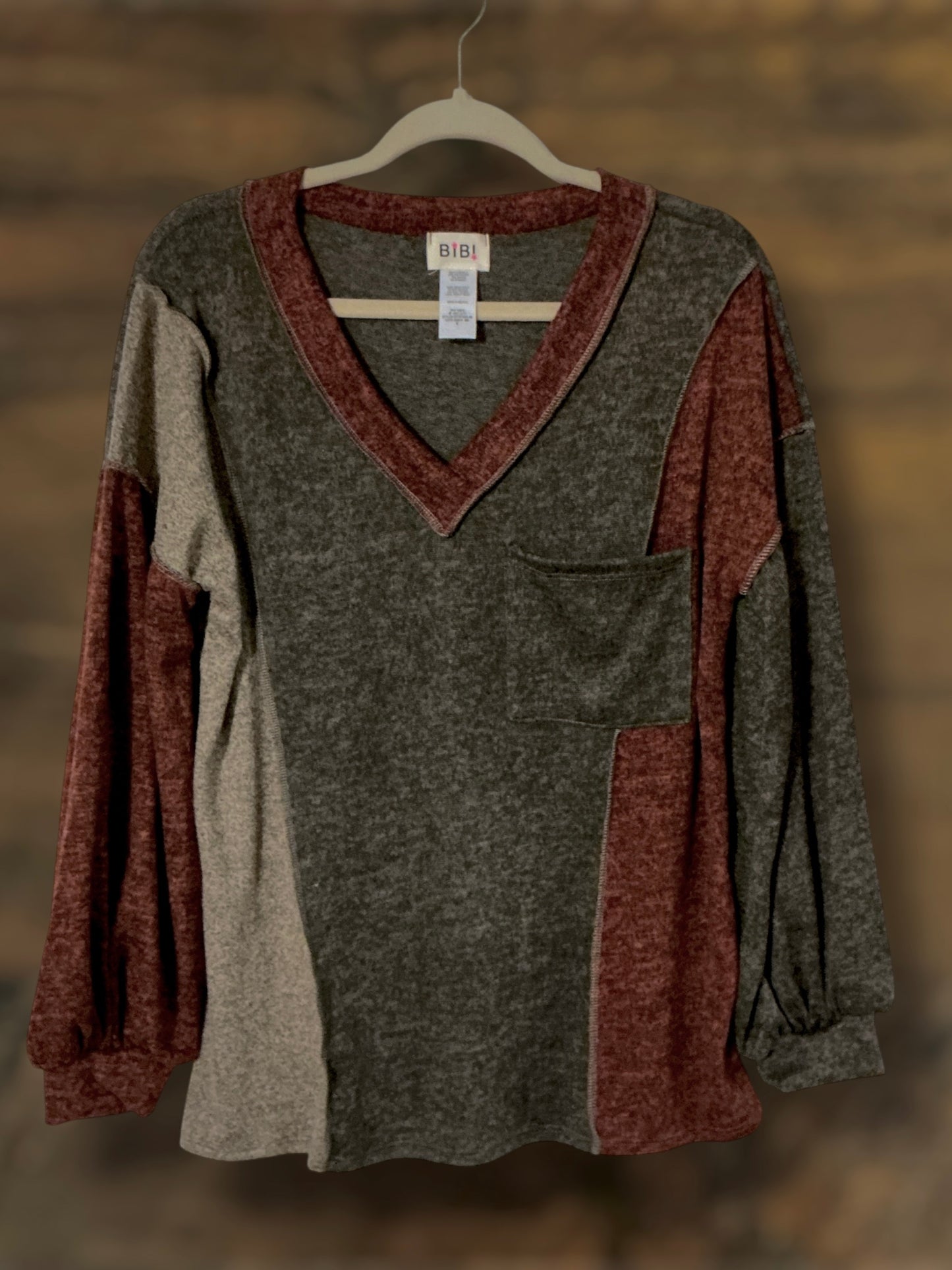 Wine and Gray Color Block Long Sleeve Top