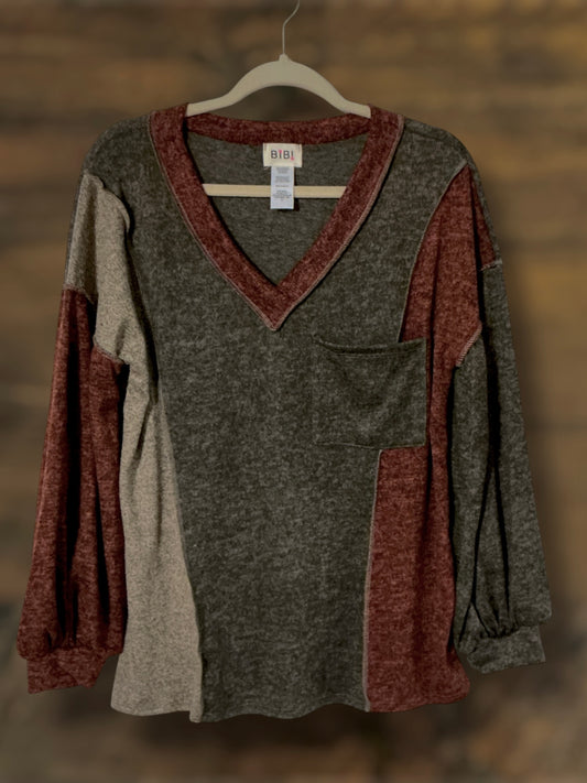 Wine and Gray Color Block Long Sleeve Top