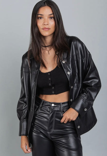 Black Faux Leather Shacket