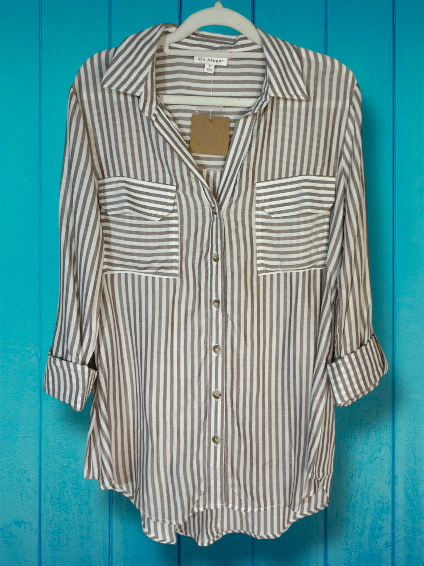 Brown Striped Button Up Top