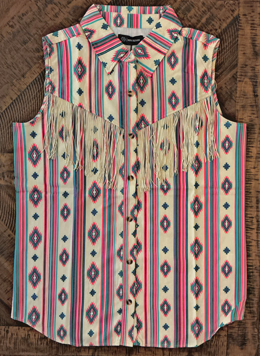 Teal/Pink Aztec Fringed Button Up
