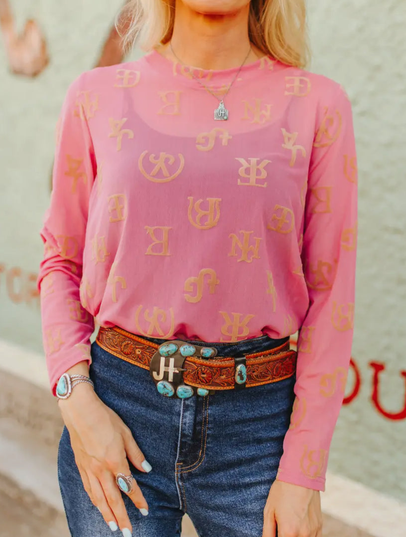 Burnout Pink Brand Mesh Top