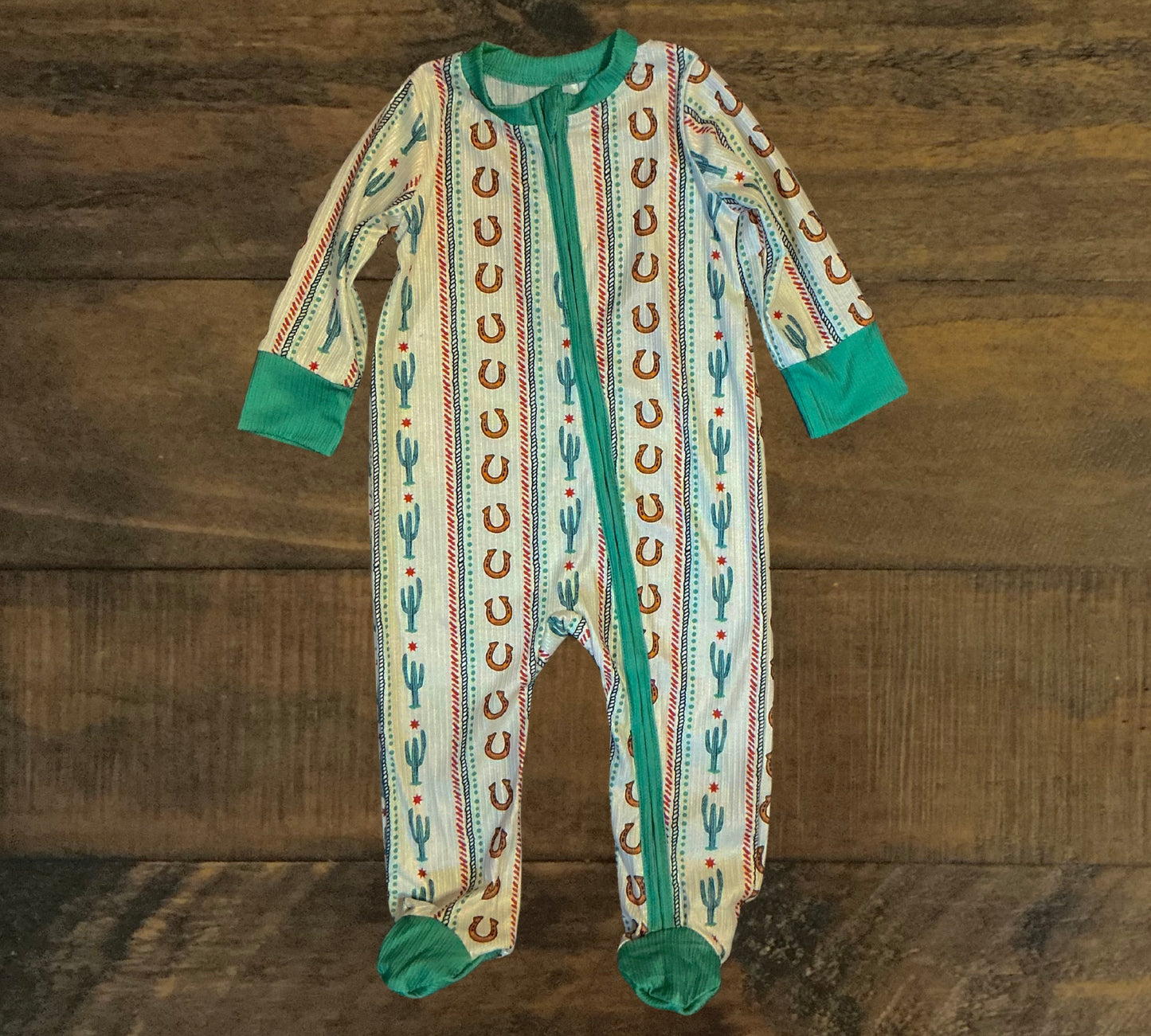 Boy’s Green and White Striped Western Print Romper