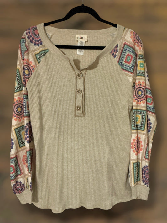 Beige and Bohemian Print Sleeves Top