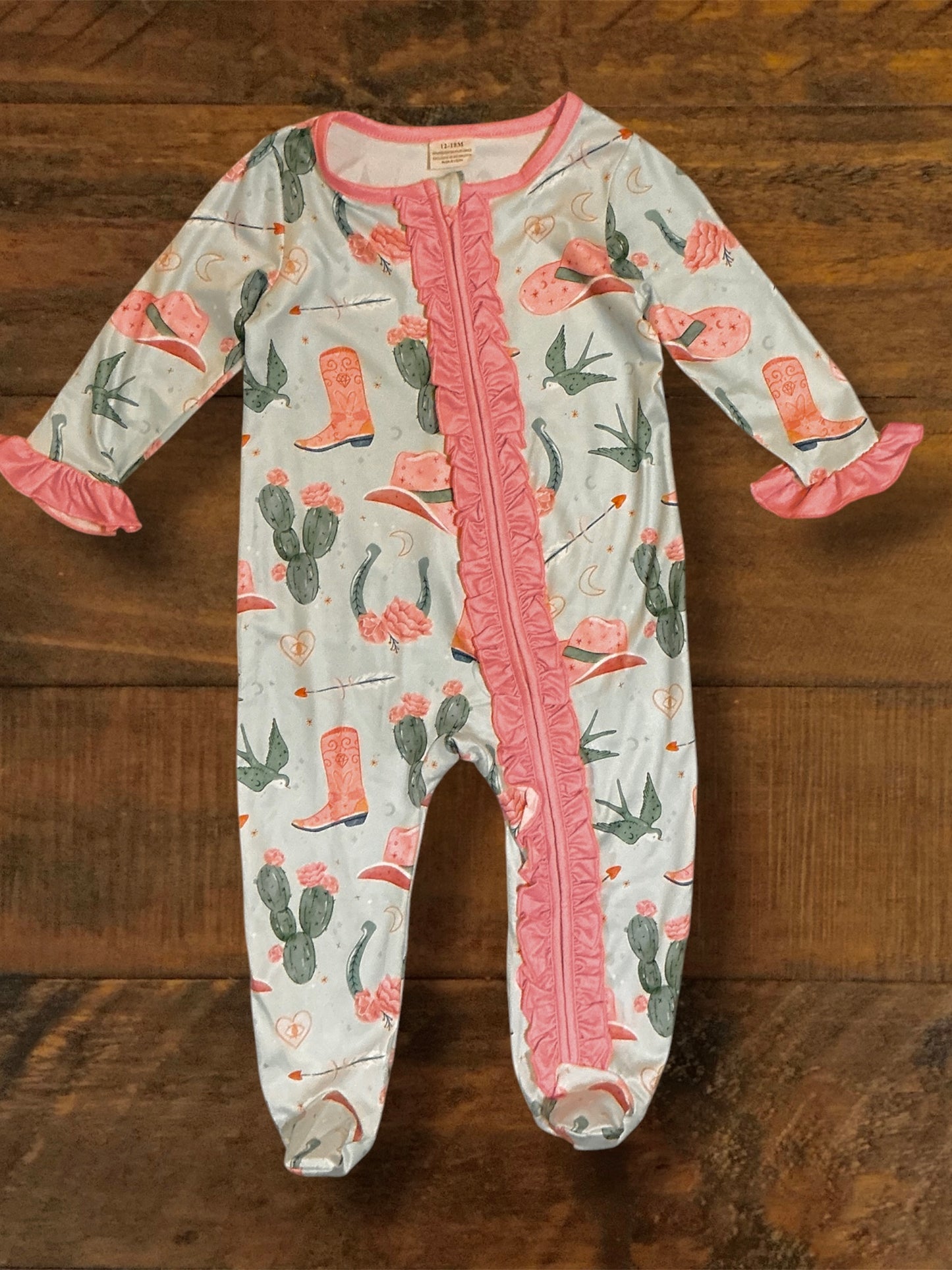 Girl’s Zip Up Romper - Green/Pink Western Print