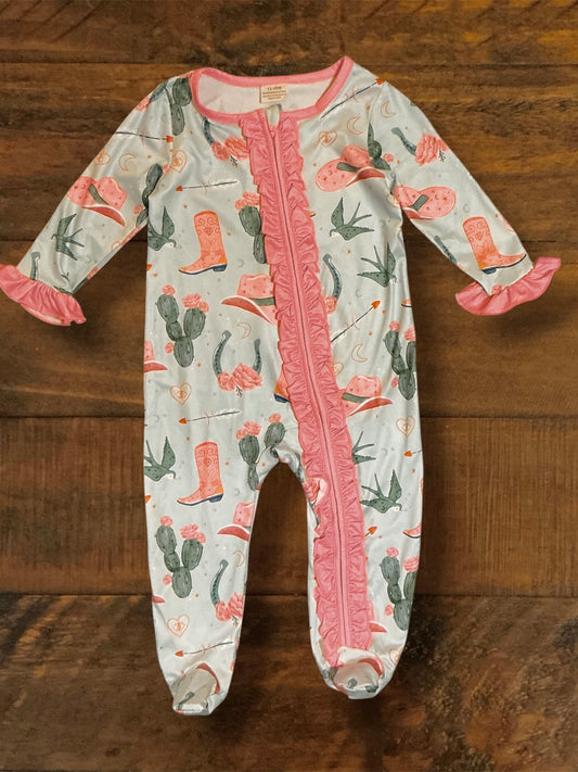 Girl’s Zip Up Romper - Green/Pink Western Print