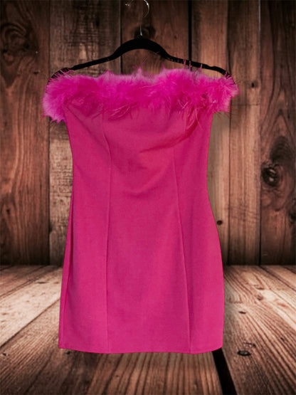 Hot Pink Strapless Feather Dress