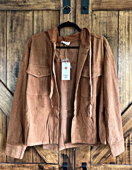 Camel Corduroy Hooded Button Up